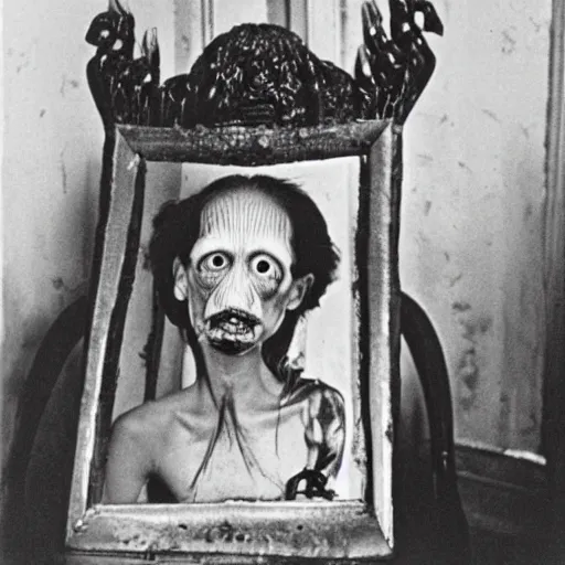 Image similar to picture of a complex cronenbergian disgusting and montruous creature in louisiana, southern gothic, photograph by diane arbus