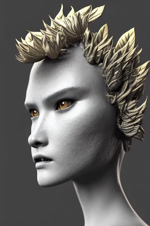 Image similar to bw close - up profile face, black background, beautiful young porcelain vegetal - dragon - cyborg - female, 1 5 0 mm, beautiful natural soft rim light, silver gold details, magnolia leaves and stems, roots, mandelbot fractal, elegant, hyper real, ultra detailed, white metallic armour, octane render, 1 6 k