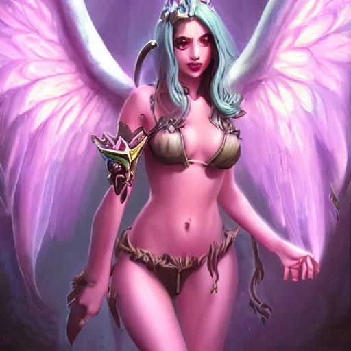 Image similar to Beautiful pale laughing succubus with wings and devil's horns, bikini clothes, violet lighting, masterpiece, in hearthstone art style, epic fantasy style art, fantasy epic digital art, epic fantasy card game art