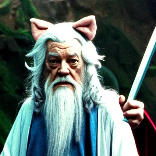 Image similar to gandalf cosplaying Hello Kitty, movie still from the lord of the rings