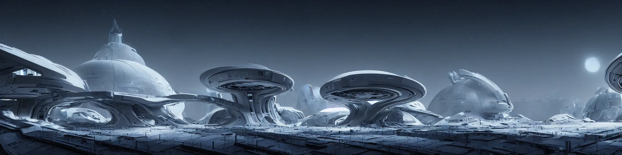 Image similar to futuristic space station in the snowy mountains 3 d concept art, cinematic lighting, intricate details, building by zaha hadid, pastel sunset, emissary space by arthur haas and bruce pennington and john schoenherr, cinematic matte painting, dark moody monochrome colors, trending on artstation, featured on behance