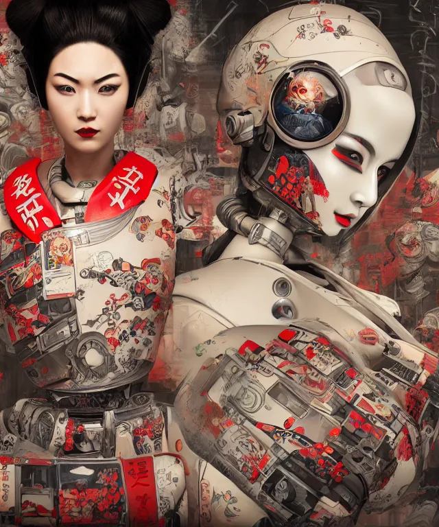 Image similar to an epic fantastic realism comic book style portrait painting of a japanese robotic geisha with kanji tattoos and decals, apex legends, octane render, intricate detail, 4 k hd, unreal engine 5