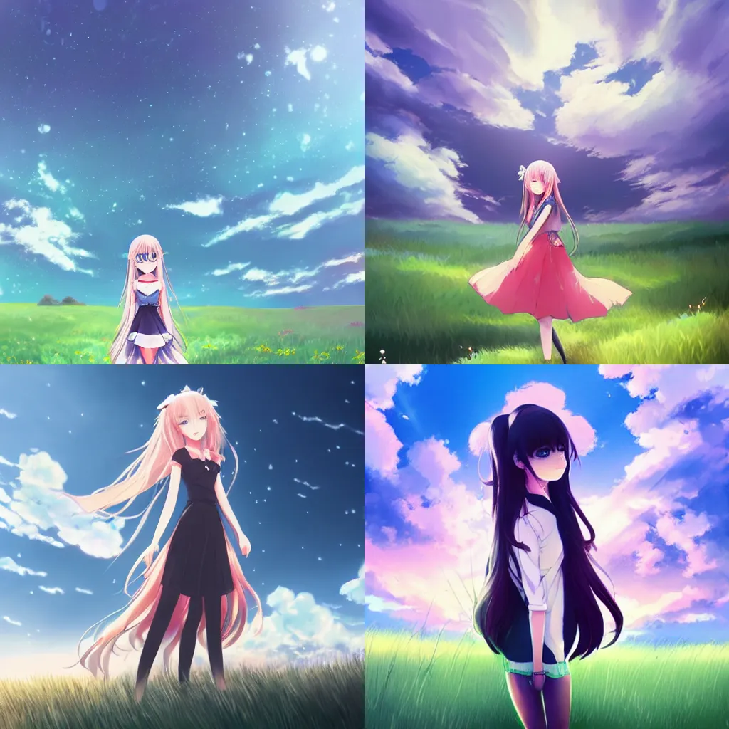 Prompt: beautiful anime girl standing on grass, clouds, dawn, rossdraws style