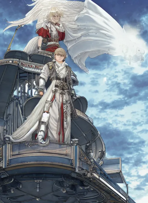 Image similar to character portrait of the white herald on the deck of an imperial airship in the sky, hidari, color page, tankoban, 4K, tone mapping, Akihiko Yoshida.