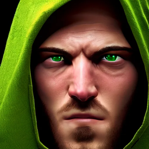 Image similar to portrait of a chad programmer with green hood by greg rutkowski, 4 k, close up