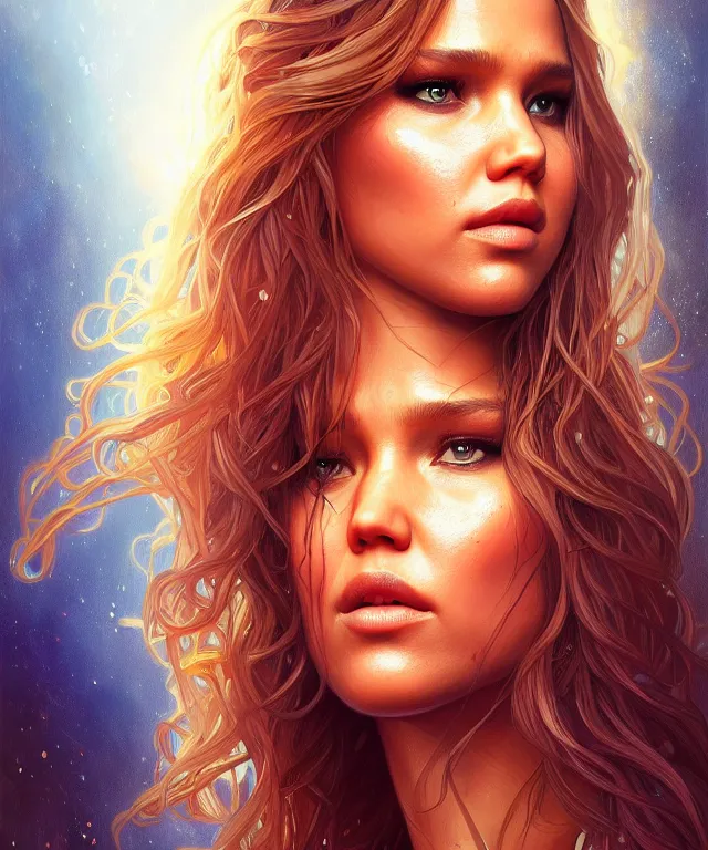 Image similar to half jessica Alba half Jennifer lawrence, a fantasy beautiful woman portrait, amber loving eyes, face, long hair, fantasy, intricate, elegant, highly detailed, digital painting, artstation, concept art, smooth, sharp focus, illustration, greg rutkowski and alphonse mucha