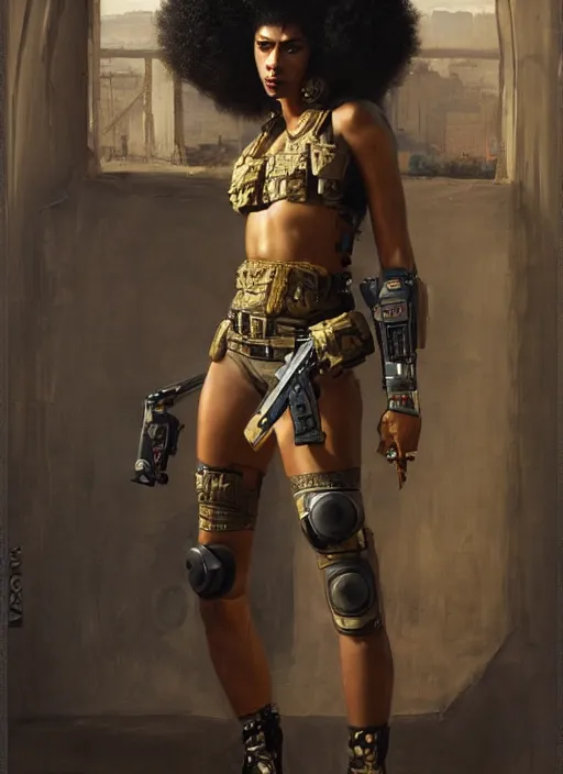 Image similar to buff Juliana. beautiful cyberpunk soldier wearing a military vest and military jumpsuit (cyberpunk 2077). gorgeous african face and afro. Iranian orientalist portrait by john william waterhouse and Edwin Longsden Long and Theodore Ralli and Nasreddine Dinet, oil on canvas. Cinematic, hyper realism, realistic proportions, dramatic lighting, high detail 4k