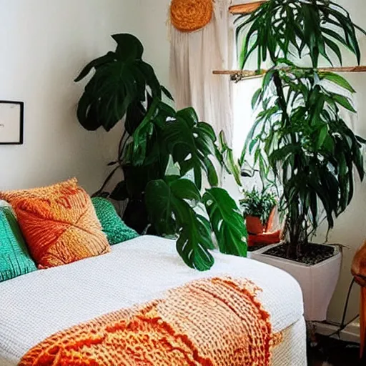 Image similar to “ a boho studio room with lots of green plants, orange throw pillows, white bunk bed ”