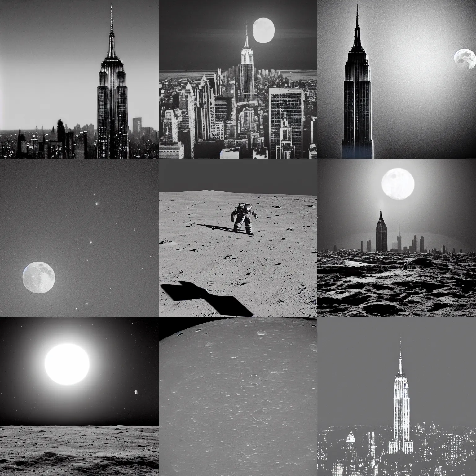 Prompt: The empire state building on the moon, dark atmosphere, earth in the sky