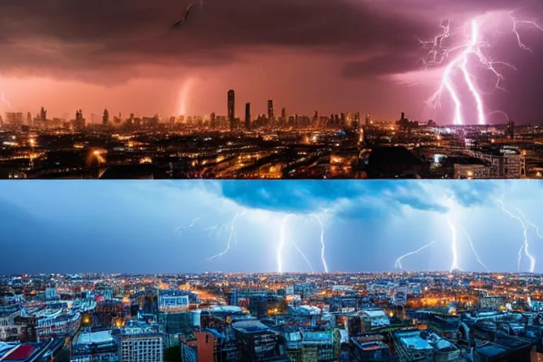 Image similar to a photo of a supercell thunderstorm in a city, cityscape, illuminated from various angles by the setting sun, cinematic, dynamic lightning, lightning bolts, mystic hue clouds