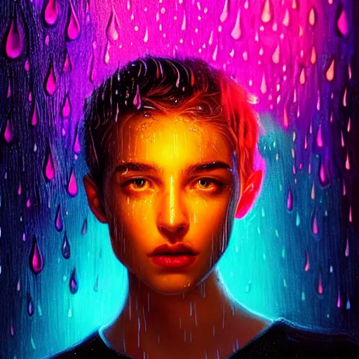 Image similar to bright asthetic portrait LSD glowing backlit rain on face and wet hair in strands, overhead lighting, fantasy, intricate, elegant, dramatic lighting, highly detailed, lifelike, photorealistic, digital painting, artstation, illustration, concept art, smooth, sharp focus, art by John Collier and Albert Aublet and Krenz Cushart and Artem Demura and Alphonse Mucha