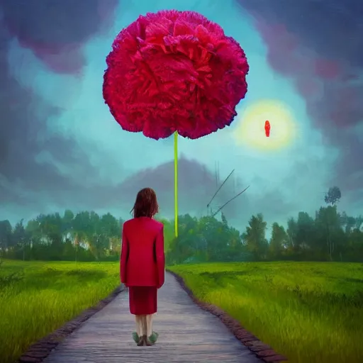 Prompt: giant carnation flower head, girl in a suit, on a path, surreal photography, sunrise, dramatic light, impressionist painting, digital painting, artstation, simon stalenhag