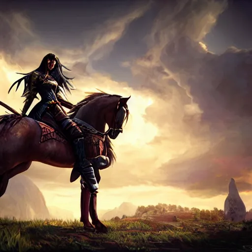 Image similar to An epic fantasy comic book style painting of cat knight sitting on a horse, unreal 5, DAZ, hyperrealistic, octane render, cosplay, RPG portrait, dynamic lighting