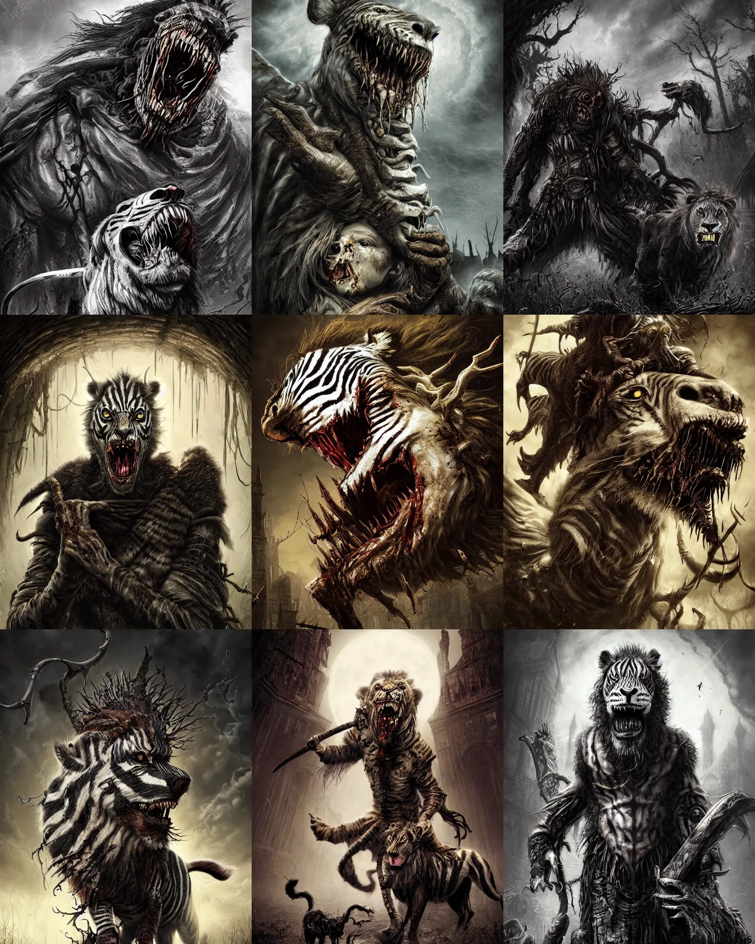 Prompt: A Zombie Zebra eating a lion as a bloodborne character digital illustration portrait design by, Mark Brooks and Brad Kunkle detailed, gorgeous lighting, wide angle action dynamic portrait
