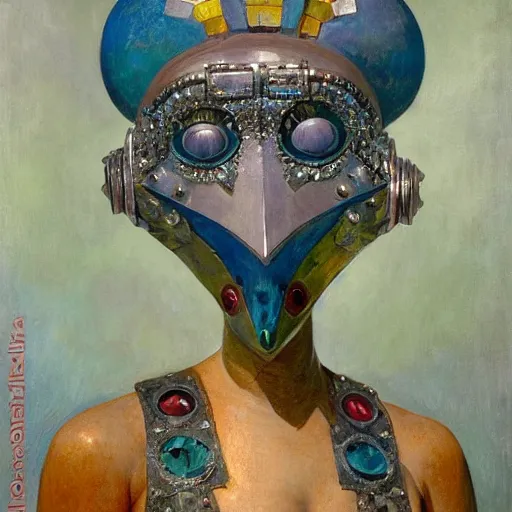 Image similar to the jeweled robot in her bird mask, by Annie Swynnerton and Diego Rivera, symbolist, dramatic lighting, elaborate geometric ornament, Art Deco,god rays, soft cool colors,smooth, sharp focus, extremely detailed, Adolf Wölfli