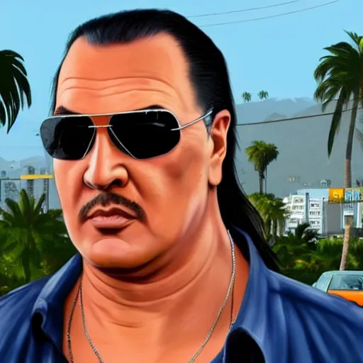 Image similar to Steven Seagal in GTA V . Los Santos in background, palm trees. in the art style of Stephen Bliss