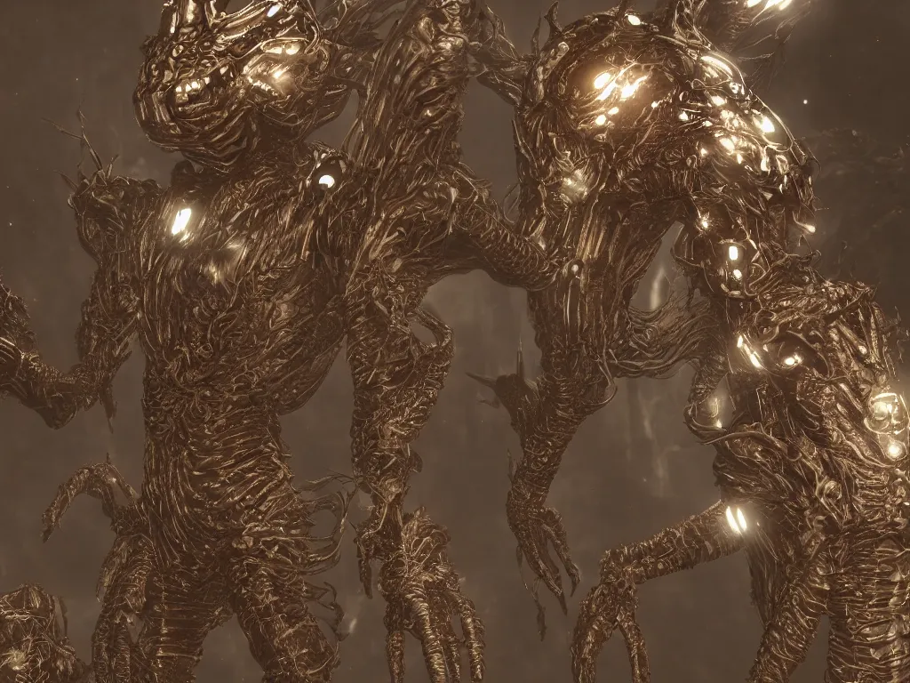 Image similar to creepy vintage fractal alien power suit, highly detailed, sharp focus, illustration, cinematic lighting, unreal engine 5