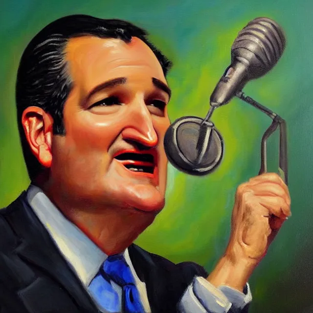 Image similar to an oil on canvas portrait painting of ted cruz giving a speech at the republican convention, surrealism, surrealist, cosmic horror, high detail