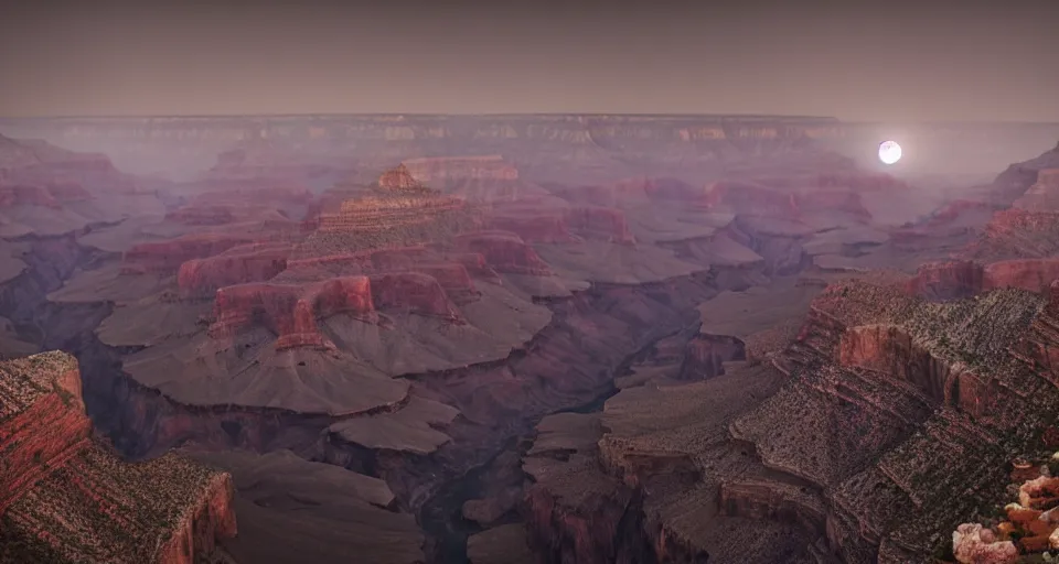 Prompt: The Grand Canyon at night during a Blood Moon Lunar Eclipse, evil, demonic, enchanting, misty, haze, clouds, angelic, flowers, nature, symmetry, environment concept, cinematic, Rendered in Octane, cgsociety, moody lighting rendered by octane engine, cinematic lighting, intricate details, 8k detail post processing, hyperealistic, photo realism, by Stephen King