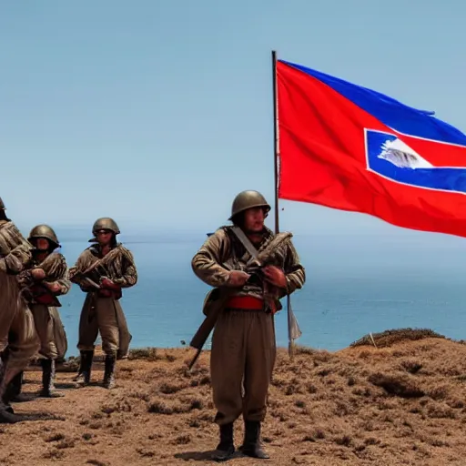 Prompt: pacific war chilean epic soldiers taking over the morro de arica planting a chilean flag over it marking the end of the war, cinematic 8 k, full color, highly detailed