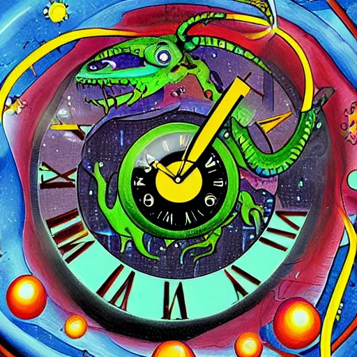 Image similar to misty deepfried hovering space sphere eel monster clock subcompact, by joe jusko and jackson pollock and georgia o'keefee, flat shading, detailed painting, seapunk