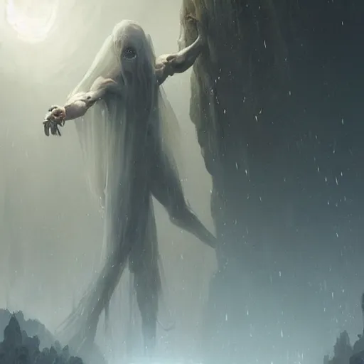 Prompt: a beautiful terrifying pale humanoid giant reaches out to grab a human. ethereal fantasy art by greg rutkowski