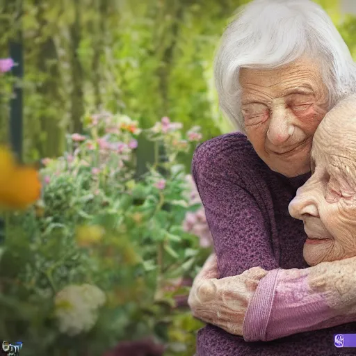 Prompt: A photo of 95-year-old lady hugging her 75-year-old daughter in a garden, concept art, trending on art station, 4k, 8k, high detailed, photorealistic