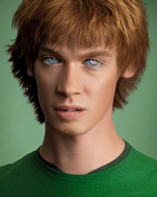 Image similar to dramatically - lit closeup portrait photograph of norville shaggy rogers from the scooby - doo live - action film ( 2 0 0 2 ), sharp details, vignette, high saturation, smooth textured skin, subsurface scattering, green shirt, photograph by mark mann and martin schoeller, 4 k, soft focus, centered, symmetrical