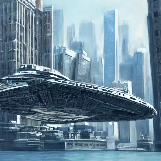 Prompt: The Millennium Falcon docked in Manhattan, New York,highly detailed,digital painting,concept art,-n 4