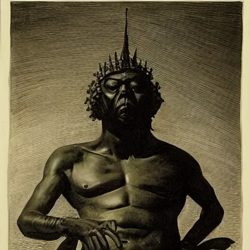 Prompt: The sculpture shows a the large, black-clad figure of the king looming over a small, defenseless figure huddled at his feet. The king's face is hidden in shadow, but his menacing stance and the large, sharp claws on his hands make it clear that he is a dangerous and powerful creature. by Hendrick Goltzius, by Grant Wood, by W. Heath Robinson lush
