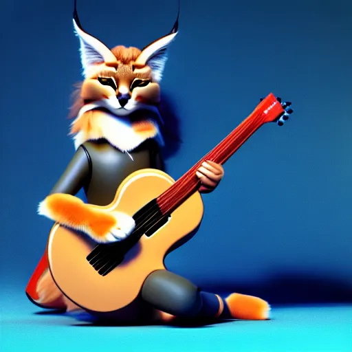 Image similar to cute fluffy caracal playing a guitar, fully detailed, high quality , 4k , octane render , soft light , masterpiece