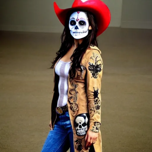 Image similar to female, mila kunis, skull paint, dia de Los muertos, trenchcoat, day of the dead, full body, smiling, cowboy hat