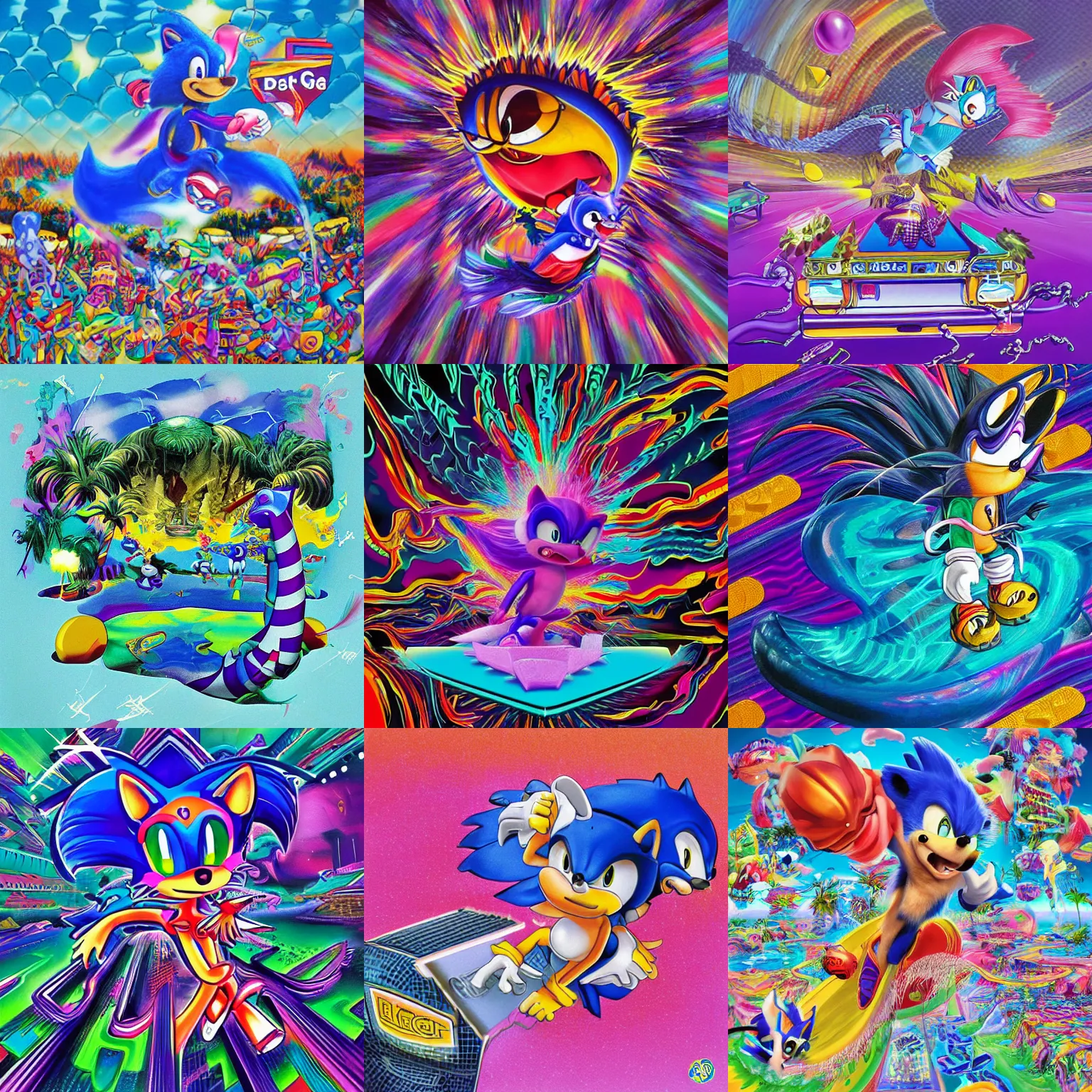 Prompt: surreal, sharp, detailed professional, high quality airbrush art MGMT album cover of a liquid dissolving LSD DMT blue sonic the hedgehog surfing through cyberspace, purple checkerboard background, 1990s 1992 Sega Genesis video game album cover lisa frank