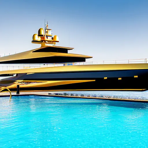 Image similar to gold plated mega yacht with two swimming pools and a helicopter landing pad, being polished by servant, docked at harbor, clear and focused, elegant, photograph
