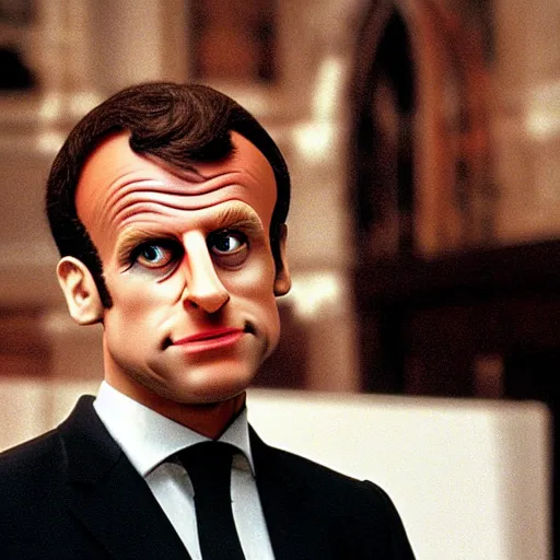 Prompt: Caricature of Emmanuel Macron in American Psycho (1999)