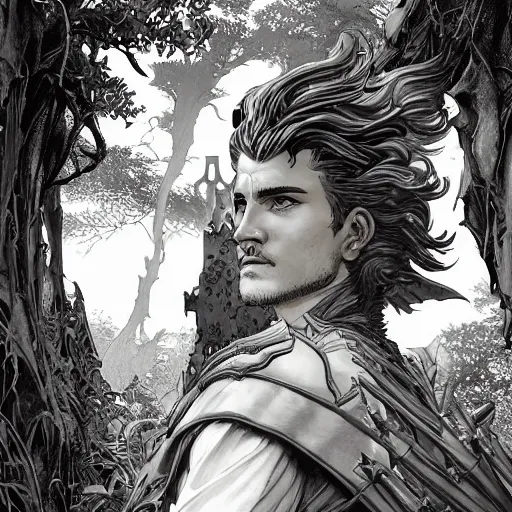 Prompt: An epic fantasy comic book style portrait of a fantasy male assassin, temple ruins surrounded by lush meadow and big pines, intricate, elegant, highly detailed, digital painting, artstation, concept art, matte, sharp focus, illustration, art by Artgerm and Greg Rutkowski and Alphonse Mucha, golden ratio, volumetric black and white lighting, refractions, symmetry accurate anatomy features