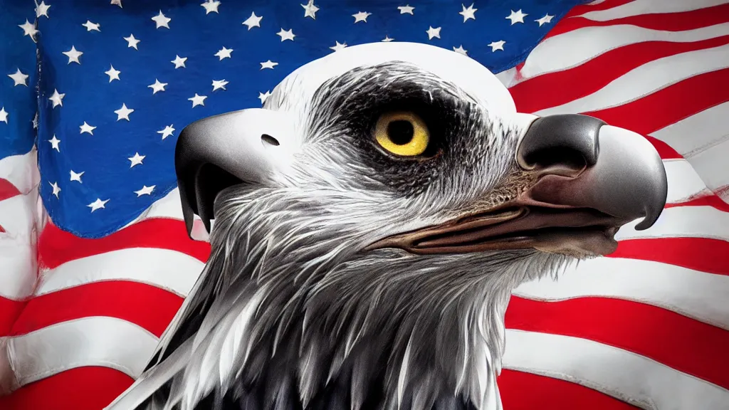 Image similar to a dog a bald eagle and a trident, patriotic, unreal engine