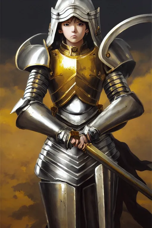 Prompt: baroque oil painting of anime key visual concept art of female knight wearing silver armor with gold trims, holding up a war banner of a great empire, battlefield, trending on artstation, brush strokes, oil on canvas, style of kawacy and makoto shinkai and greg rutkowski and studio ghibli