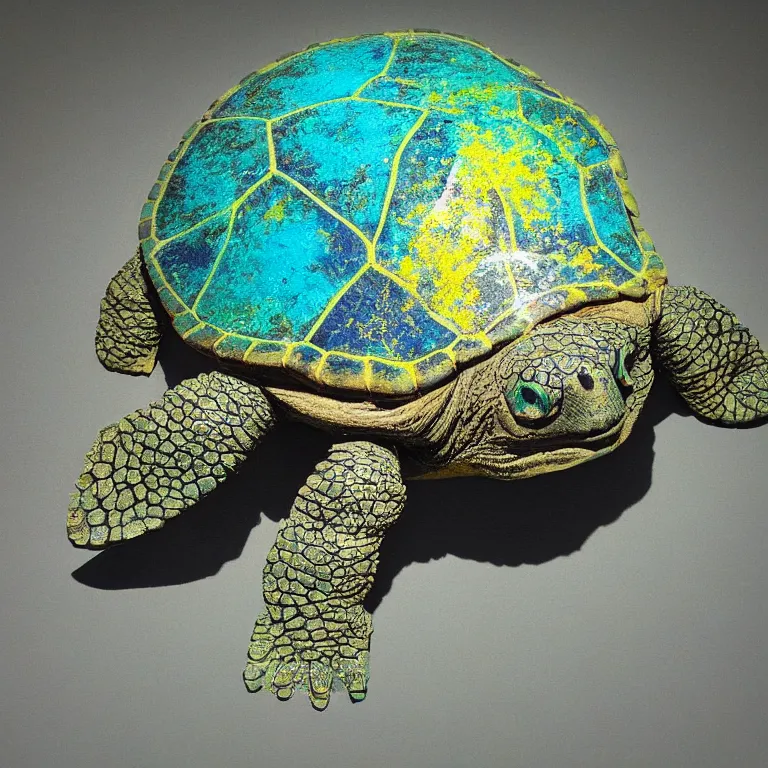 Prompt: hyperrealistic sculpture of a bronze fossilized ancient lego brick sea turtle dusted with saffron and deep blue and grass green spraypaint and beeswax in a grid cage on a pedestal by ron mueck and duane hanson and lee bontecou, hyperrealistic dramatic colored lighting trending on artstation 8 k