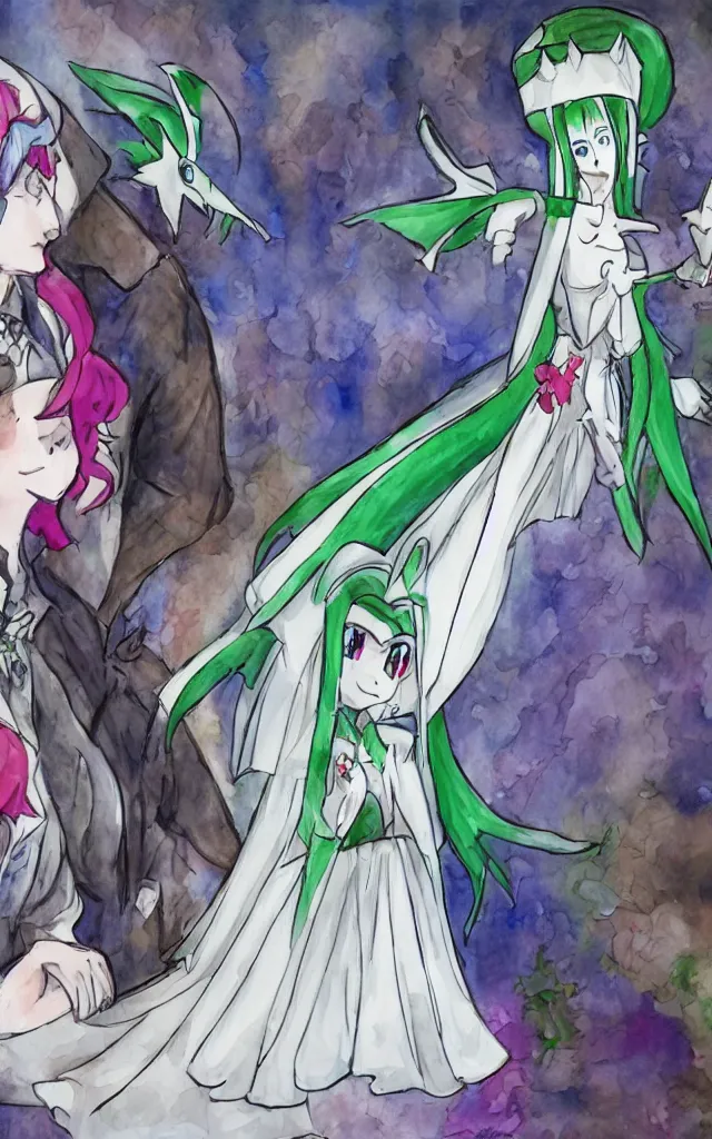 Prompt: jester getting married to my Gardevoir anime waifu, anime beautiful scene in a church, high quality upload, watercolour painted background, wedding, highly rated anime animation