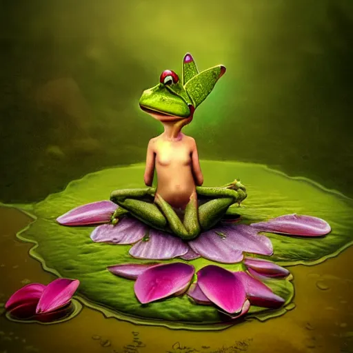 Image similar to a frog fairy on a lily pad, concept render, portrait, magical, alexander jansson, artstation