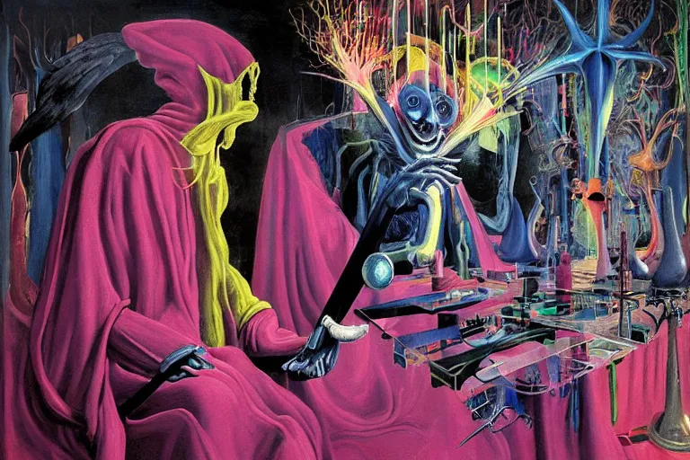 Image similar to a masterpiece painting in the laboratory of a technomancer wizard, in dazzle camouflaged robes, pointed hoods, he discusses sentience with his al djinn by remedios varo and anato finnstark and greg rutkowski and andy warhol and francis picabia. dayglo pink blue, prismatic, pearlescent, raven black, glowing, hyperrealism, trending on artstation