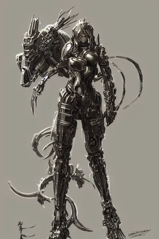 Prompt: portrait full body girl metal cyborg armor and metal horse by gaston bussiere, anna nikonova aka newmilky, greg rutkowski, yoji shinkawa, yoshitaka amano, tsutomu nihei, donato giancola, geoffroy thoorens, concept art, trending on artstation, featured on pixiv