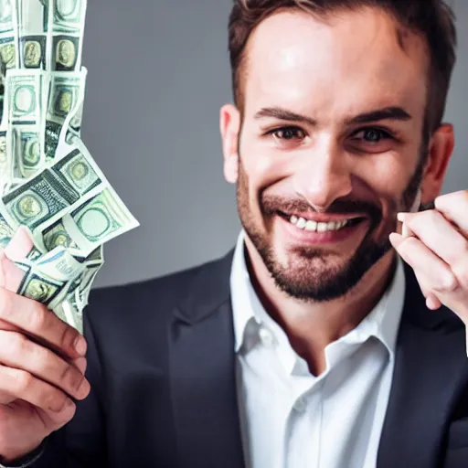 Image similar to happy man in a suit with machine that throws money