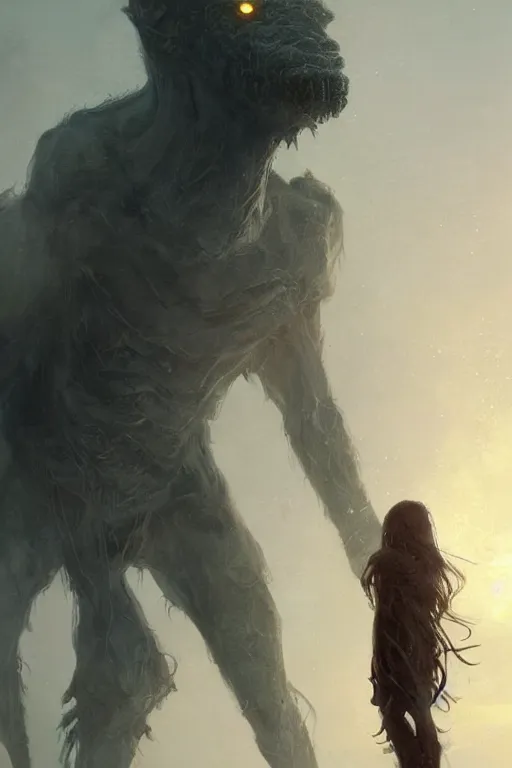 Image similar to a tall looming humanoid beast towers over a tiny human. at dawn, ethereal fantasy art by greg rutkowski