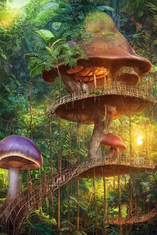 Prompt: a tree house in the jungle, big mushroom, sunshine, by alba ballesta gonzalez and moebius. 4 k wallpaper, digital 2 d, comic, illustration, extremely detailed, cinematic lighting, smooth sharp focus.