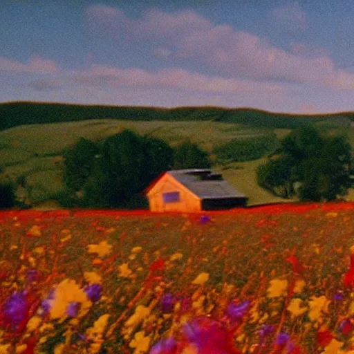 Image similar to vhs 1 9 8 0 s footage of a scene from the movie midsommar a - line shaped wooden building on fire, field of flowers