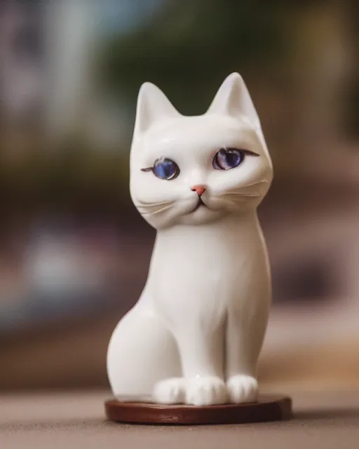 Prompt: high quality presentation photo of a detailed porcelain figurine of a cute cat, photography 4k, f1.8 anamorphic, bokeh, 4k, Canon, Nikon