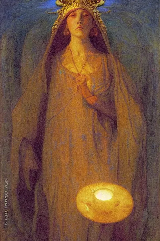 Image similar to queen of the fog with her lantern by Annie Swynnerton and Nicholas Roerich and jean delville, strong dramatic cinematic lighting , ornate headdress , flowing robes, lost civilizations, smooth, sharp focus, extremely detailed