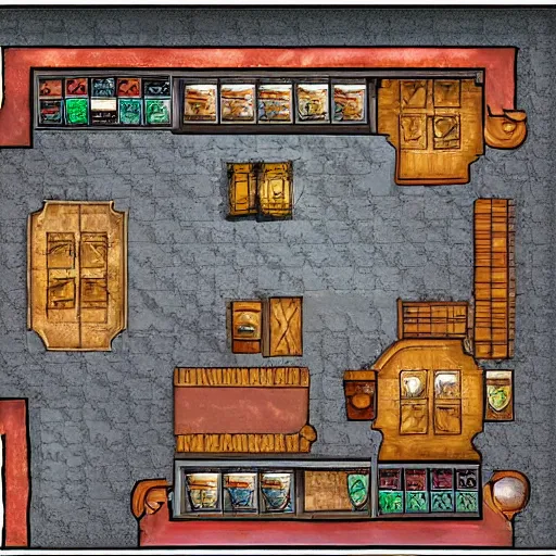 Image similar to tavern interior dungeons and dragons color map, dungeondraft, many room, fireplace